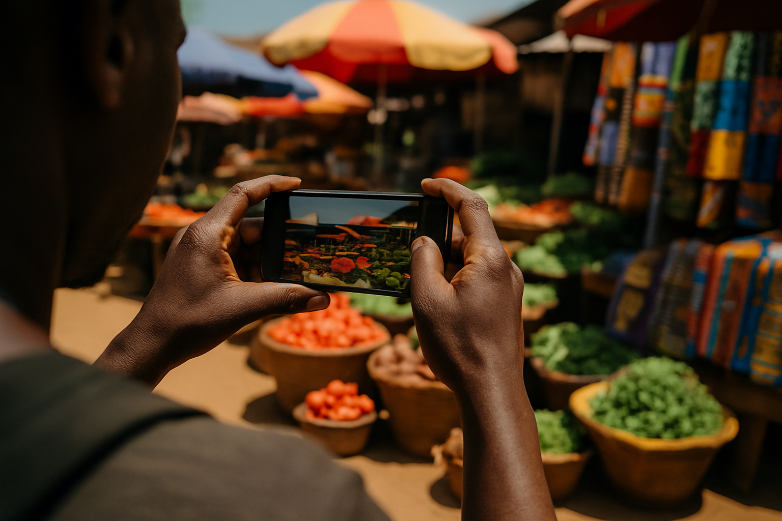 A contributor in Ghana photographing market stalls for a data capture task