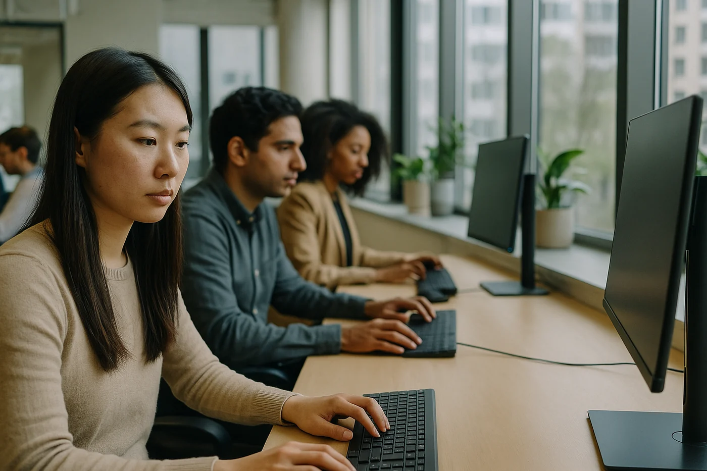 A multinational Corpshore team working side by side at a shared desk