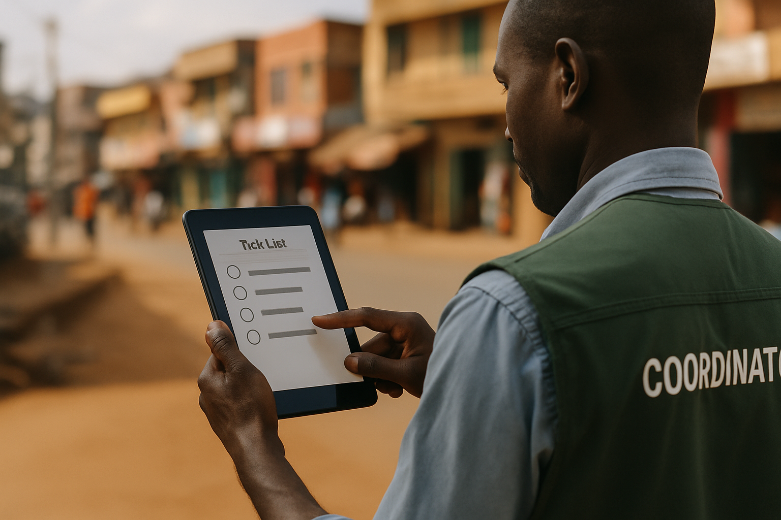 A field coordinator in Kampala reviewing task progress on a tablet